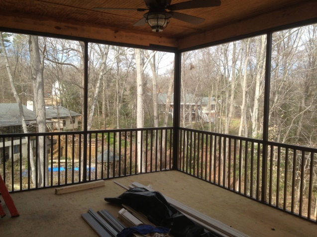 Deck with screened porch, bead board ceilings, and aluminum pickets. 